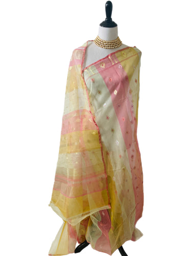 Authentic Dhakai Jamdani Muslin Saree from Bangladesh | Handwoven | Multi- Color | Gold Zari | Ships from California